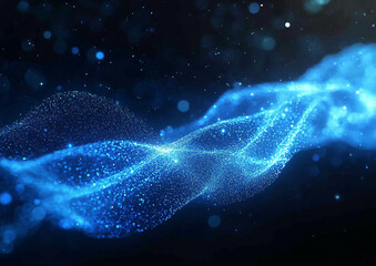 Naklejka premium Flowing blue particles create a mesmerizing wave pattern in a dark backdrop, showcasing the beauty of digital abstraction