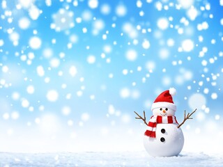 Fototapeta premium Snowman in a winter landscape with falling snowflakes against a blue sky
