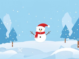 Fototapeta premium Joyful snowman in a winter landscape with snowflakes and evergreen trees on a clear blue sky day