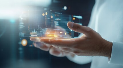 A man is holding a tablet with a glowing hand on it