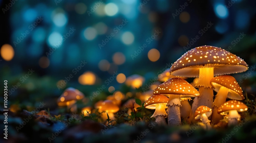Poster photo of mushrooms with bokeh lights: