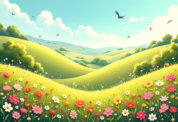 Fototapeta premium Cartoon hills with colorful flowers and birds in a funny style and bright pastoral landscape