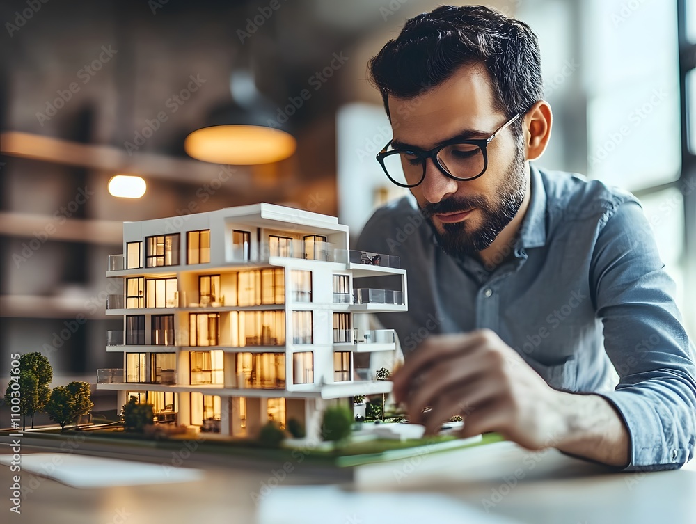 Poster Young Architect Examining Scale Model of Modern Residential Building with Warm Lights in a Bright Workspace, Focusing on Urban Development and Design Challenges