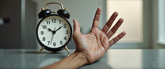 Hand reaching out towards a classic alarm clock on a countertop, symbolizing urgency and time management