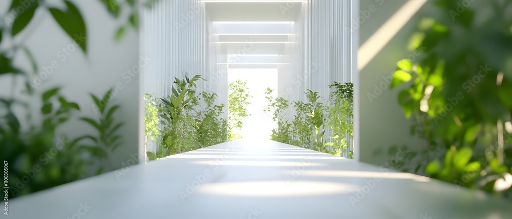 Aufkleber serene interior pathway surrounded by lush green plants illuminated by natural light, creating a cal