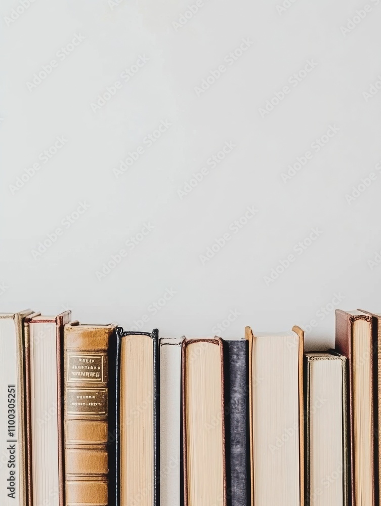 Leinwandbilder a diverse collection of books stands in a neat line against a plain white backdrop, inviting readers