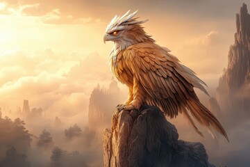 A majestic mythical griffin perched on a cliff, overlooking a misty mountainous landscape under a serene sunrise sky.