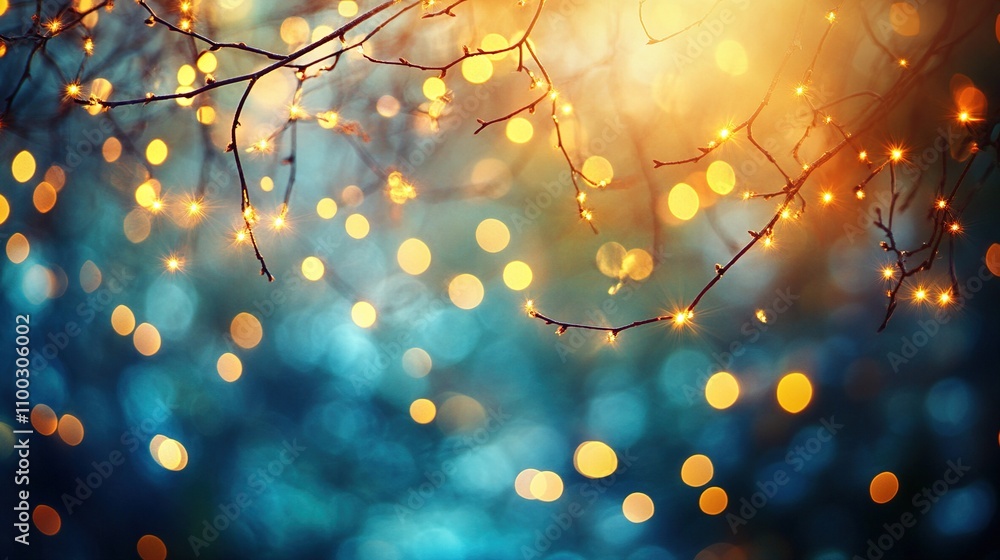 Poster beautiful bokeh effect with lights on tree branches in nature