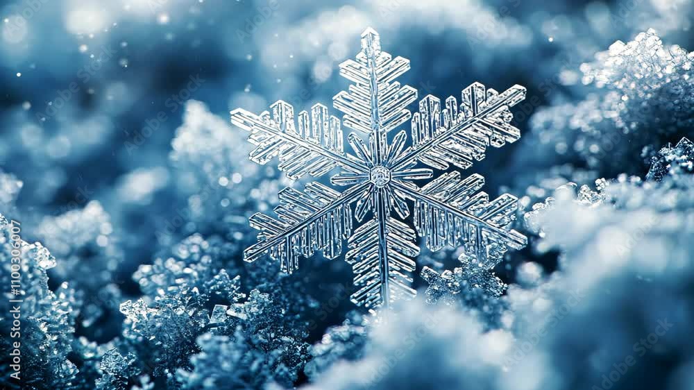 Poster snowflakes with perfect radial symmetry, each flake unique yet part of a larger geometric pattern on