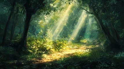 Obraz premium Sunbeams illuminate a mystical forest path, creating an enchanting scene.