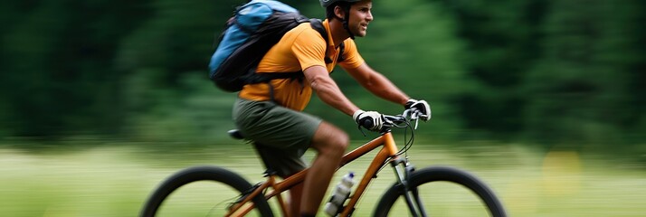 Naklejka premium A man is riding a bike with a backpack on. He is smiling and he is enjoying his ride
