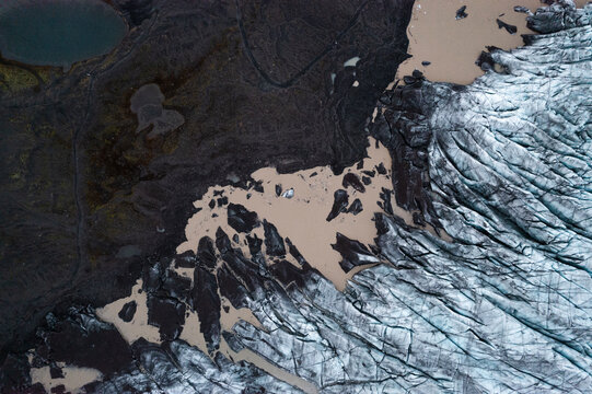 Aerial view of a breathtaking glacier landscape with rugged ice formations and expansive terrain, Oraefasveit, Iceland.