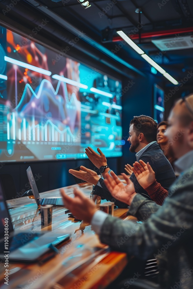 Poster Professional Team Collaborating in a Modern Conference Room, Analyzing Data Visualizations on a Large Screen for Business Strategy and Growth Insights