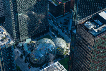 Aerial view of the beautiful Amazon Spheres surrounded by modern skyscrapers and vibrant cityscape, Seattle, United States.