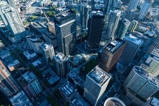 Aerial view of modern architecture featuring Amazon Spheres and skyscrapers in South Lake Union, Seattle, United States.