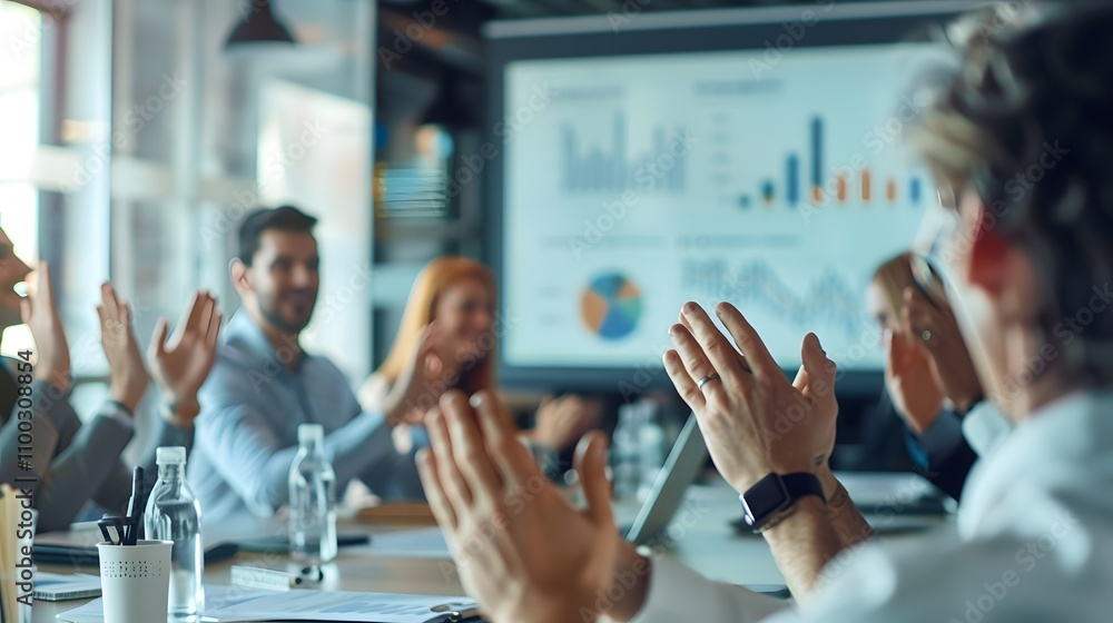 Aufkleber Team Celebration in a Modern Conference Room with Charts and Graphs on Display Highlighting Success and Collaboration in a Dynamic Business Environment