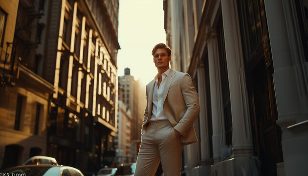 elegant high class fashion shot against the light with male model in suit