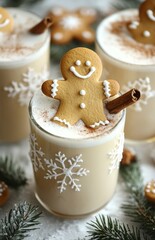 Fototapeta premium Festive gingerbread man atop eggnog glasses with holiday decor