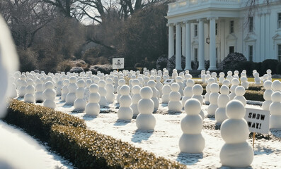 Snowmen protest at the white house lawn. Snow way. Political cartoon, spoof, protesters. Snow women and snow people.