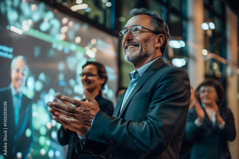 Poster professional man with glasses smiling and applauding at business conference event surrounded by coll