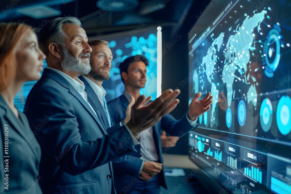 Aufkleber Business Professionals Analyzing Digital Data in a Modern Office Environment with Interactive Touchscreen Technology and Global Financial Insights