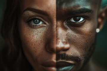 Obraz premium Face that is half man's and half woman's. Duality and gender fluidity. Gender diversity, equality, and the beauty of individuality. Transitioning concept