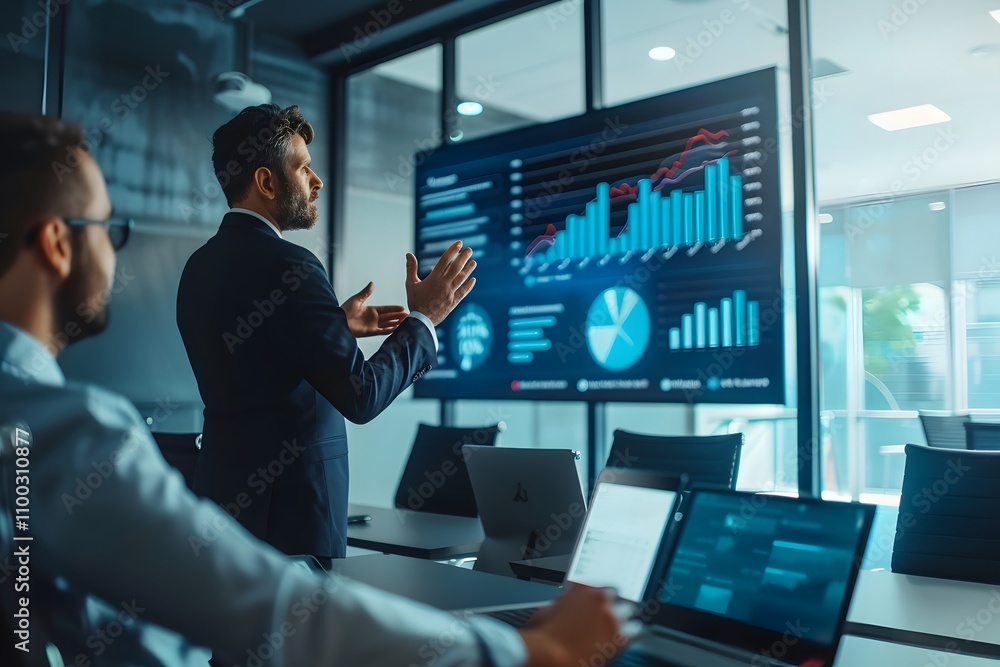 Poster business professional presenting data insights to colleagues in a modern conference room with visual