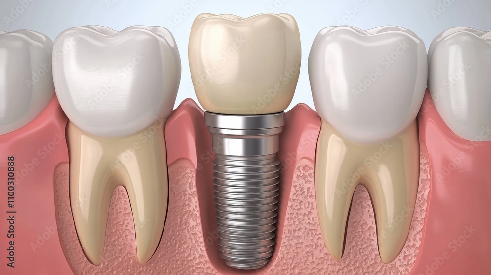Poster close-up view highlights a dental implant securely placed in the jawbone with an adjoining porcelain