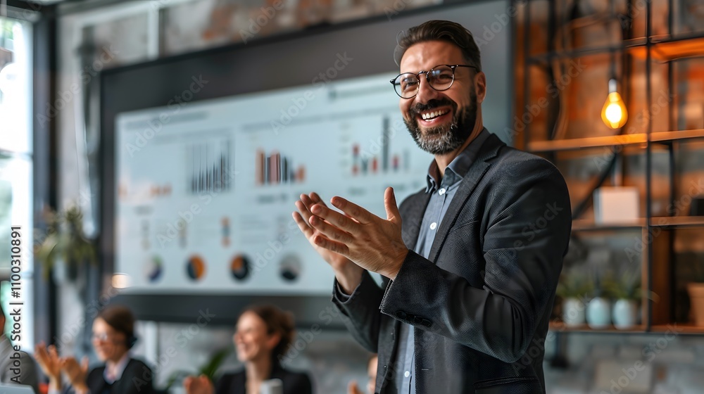 Poster professional man celebrating success in a modern office setting with charts and graphs displayed, re