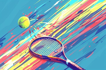 Colorful tennis racket and ball with abstract paint strokes