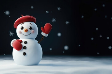 Fototapeta premium Christmas background with 3D, cute, happy snowman wearing a knitted hat and scarf. Cartoon character, funny childish toy. Winter landscape with snowy forest.