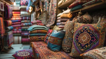Colorful textiles and pillows displayed in a shop.