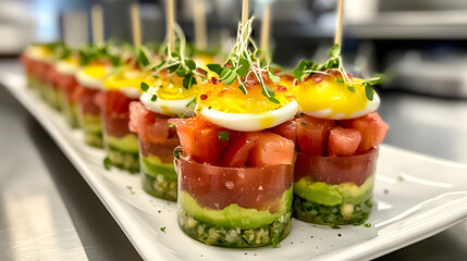 Captivating Close-Up of Avocado Tuna Tomato Egg Verrines Taken with an iPhone 15 Pro - Perfectly Clear, High-Resolution, and Photorealistic Shot