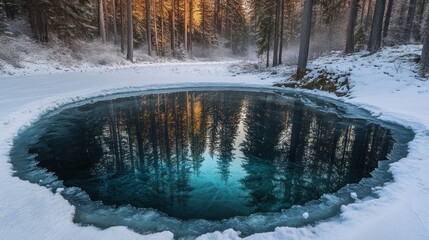 Obraz premium A serene winter scene featuring a circular pool of clear water surrounded by snow and trees.