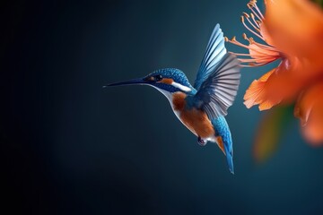Obraz premium A blue and orange hummingbird is flying over a flower