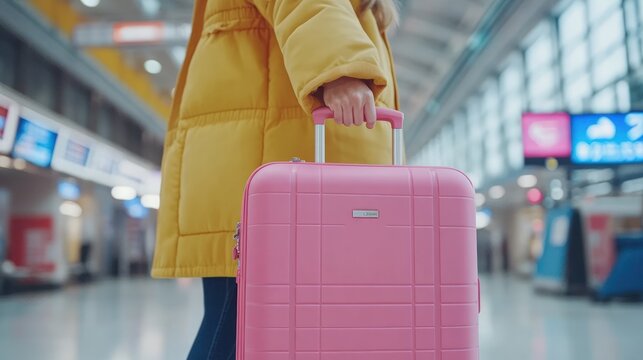 Woman in yellow coat pulling pink suitcase at airport.
