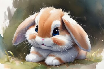 Cute fluffy bunny with large ears on a soft artistic background.