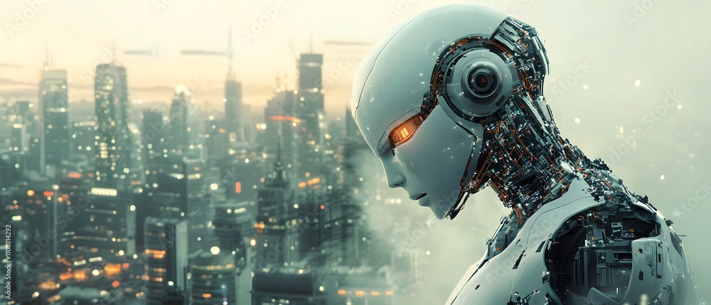 Poster futuristic humanoid robot with glowing eyes gazes over a sprawling urban skyline, embodying the esse