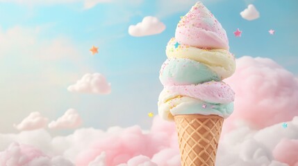 A delightful ice cream cone topped with swirls of pastel colors sits against a vibrant sky filled with fluffy clouds. The combination of soft hues creates a joyful and dreamy atmosphere.