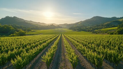 Vineyard Rows Basking In Golden Sunset Light