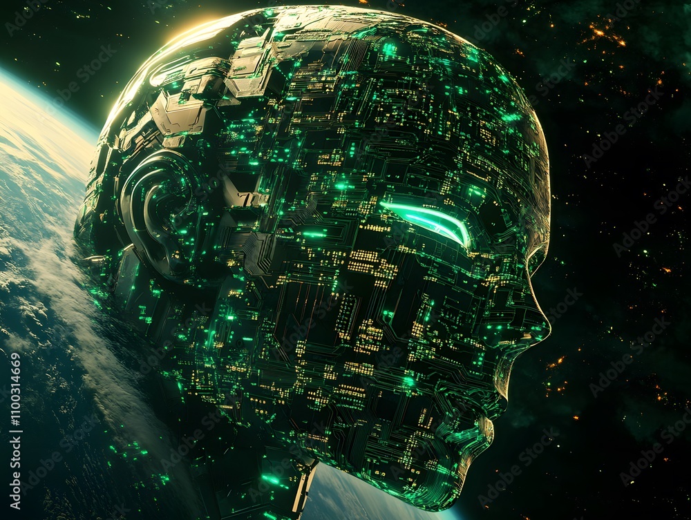 Poster futuristic cybernetic head surrounded by stars and earth, showcasing advanced technology and glowing