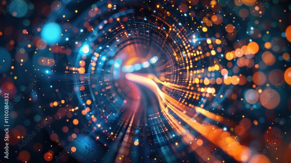 Poster abstract swirling light tunnel with bokeh effect.