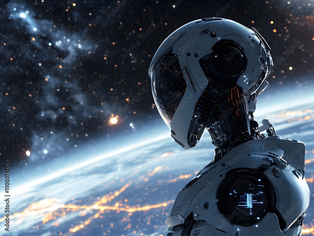 Poster futuristic humanoid robot stands in awe of the vast universe, gazing at distant galaxies and sparkli