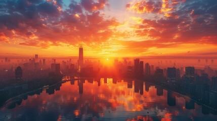Naklejka premium Vibrant sunrise cityscape reflected in calm water.