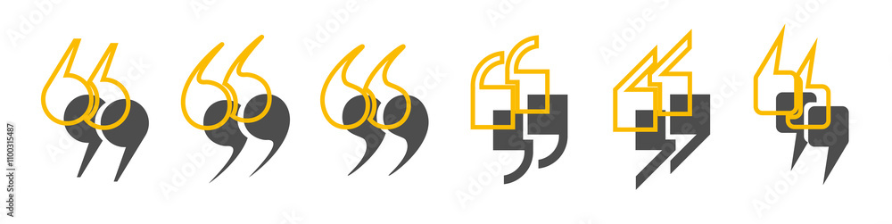 Fototapete a set of gray quotation marks and yellow quotation mark outlines on a white background. a collection