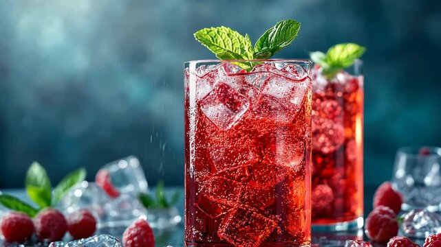 Sparkling red water soda with ice cubes. Summer iced drink, homemade summer drink. 4K Video