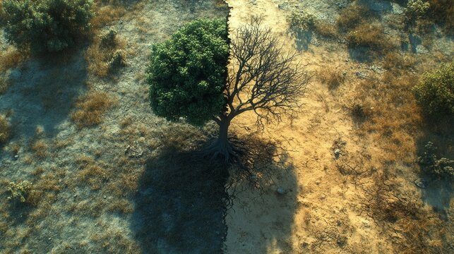 A tree is shown in two halves, one half is green and the other half is brown