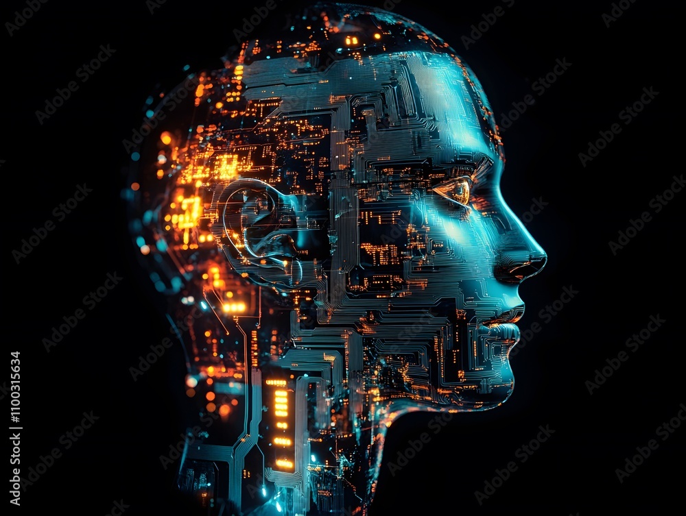 Poster Futuristic Profile of a Human Head Merged with Digital Circuitry, Illuminated with Bright Neon Colors and Sparkling Lights in a Dark Background