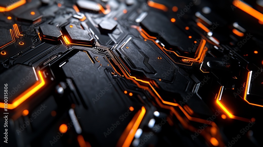 Aufkleber close-up of a high-tech circuit board with glowing orange lines and a dark background.