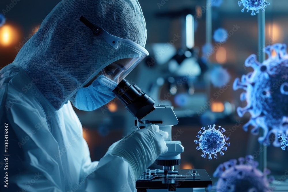 Poster a scientist is looking through a microscope at a virus